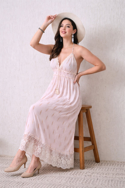26402 Women's Boho Halter Neck Maxi Dress with Gold Print
