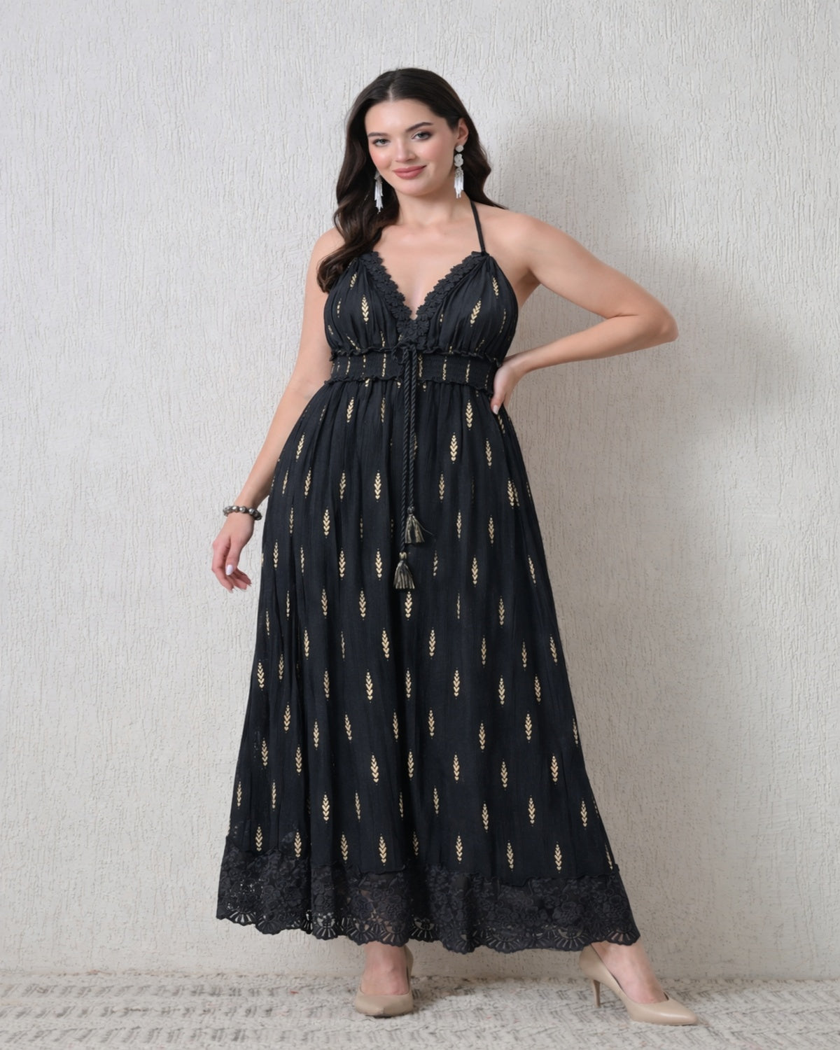 26402 Women's Boho Halter Neck Maxi Dress with Gold Print