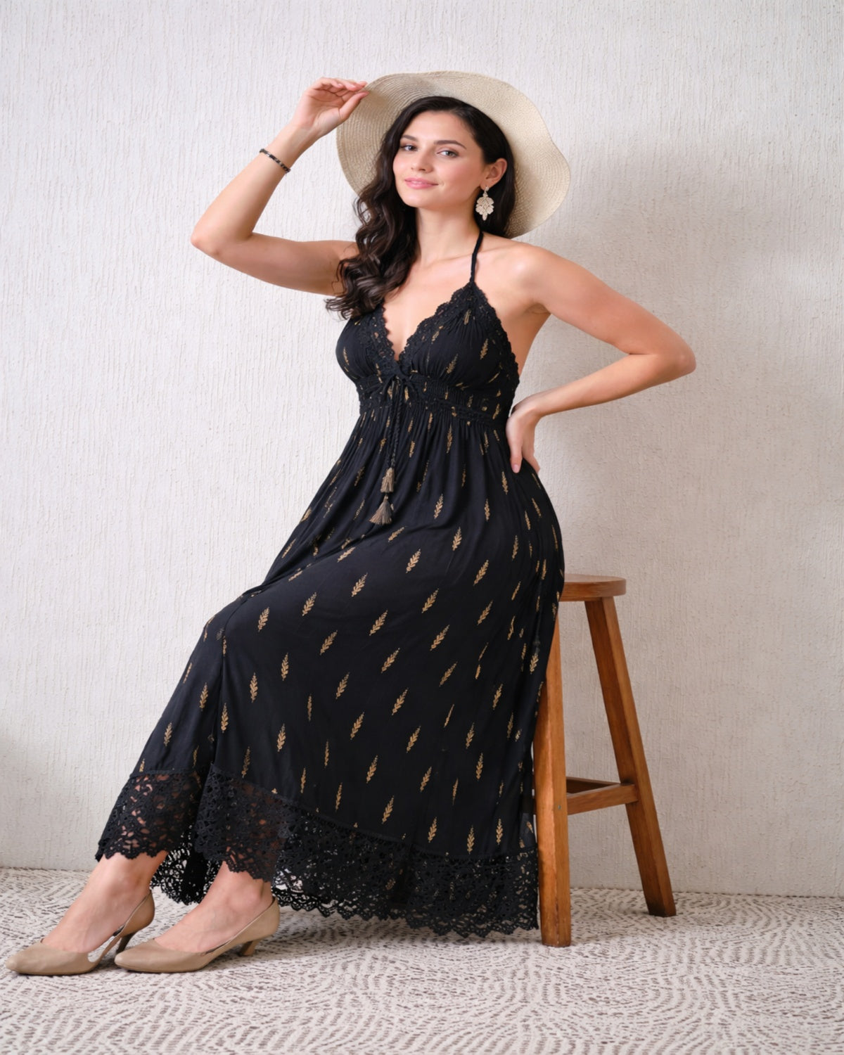 26402 Women's Boho Halter Neck Maxi Dress with Gold Print