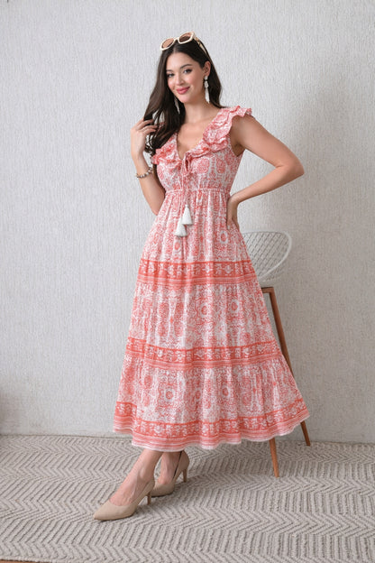 26407 Boho G Printed Maxi Dress with Tassel Detail – Soft Cotton