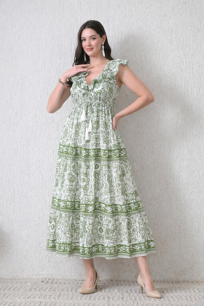 26407 Boho G Printed Maxi Dress with Tassel Detail – Soft Cotton