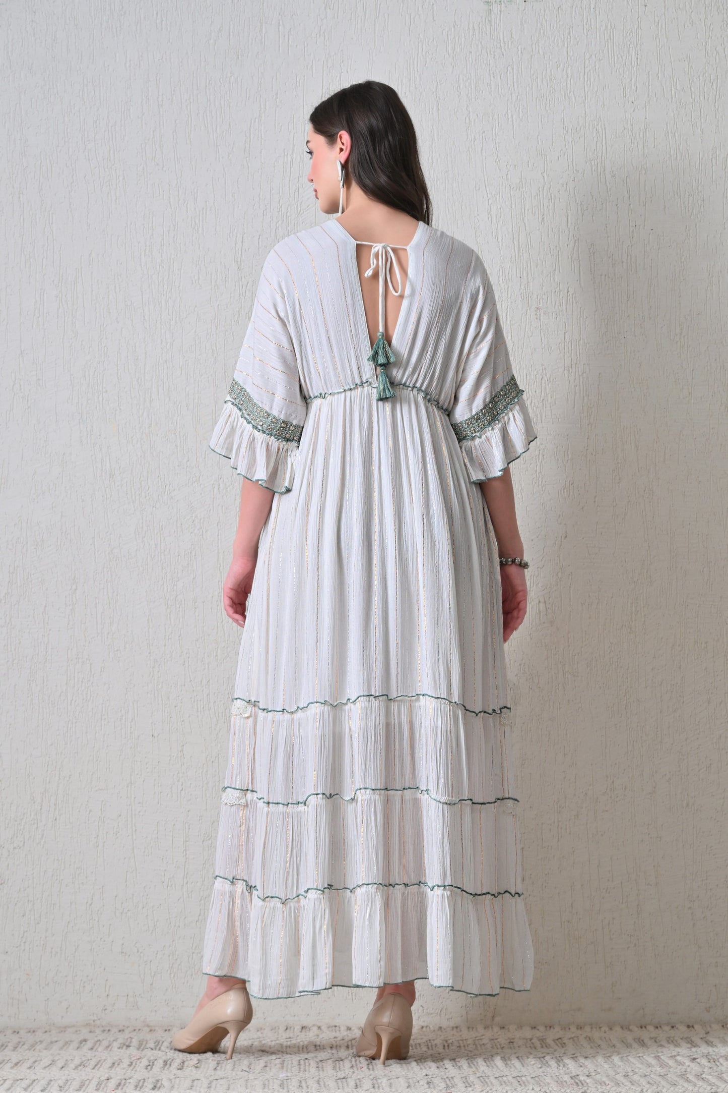 26421 Bohemian Ivory Maxi Dress with Embroidery & Tassel Detail