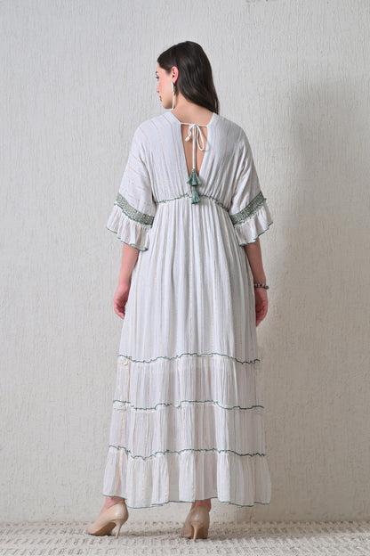 26421 Bohemian Ivory Maxi Dress with Embroidery & Tassel Detail