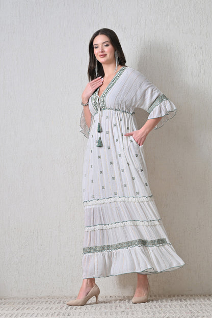 26421 Bohemian Ivory Maxi Dress with Embroidery & Tassel Detail