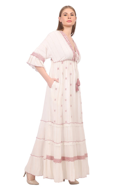 26421 Bohemian Ivory Maxi Dress with Embroidery & Tassel Detail