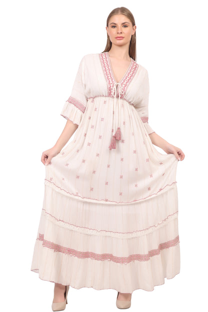 26421 Bohemian Ivory Maxi Dress with Embroidery & Tassel Detail