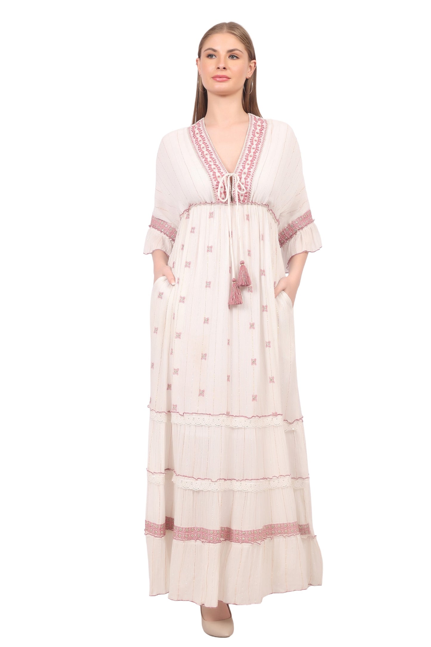 26421 Bohemian Ivory Maxi Dress with Embroidery & Tassel Detail