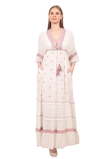26421 Bohemian Ivory Maxi Dress with Embroidery & Tassel Detail
