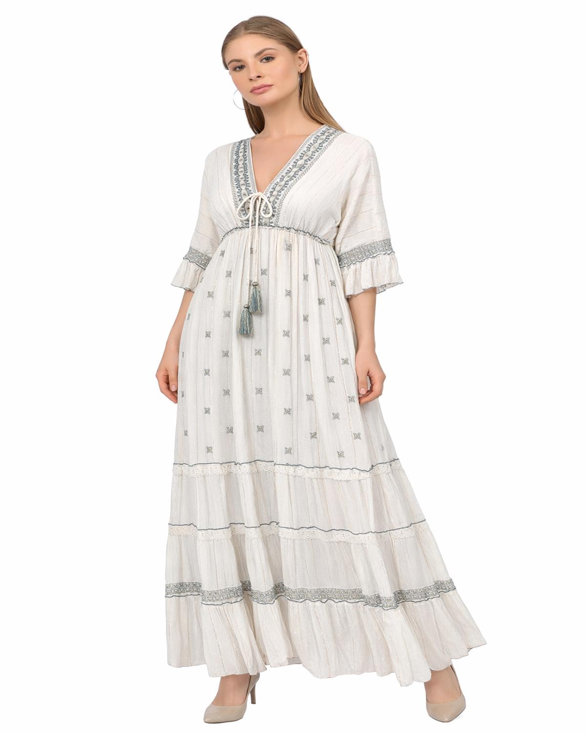 26421 Bohemian Ivory Maxi Dress with Embroidery & Tassel Detail