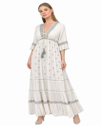 26421 Bohemian Ivory Maxi Dress with Embroidery & Tassel Detail