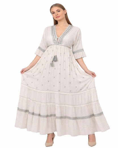 26421 Bohemian Ivory Maxi Dress with Embroidery & Tassel Detail