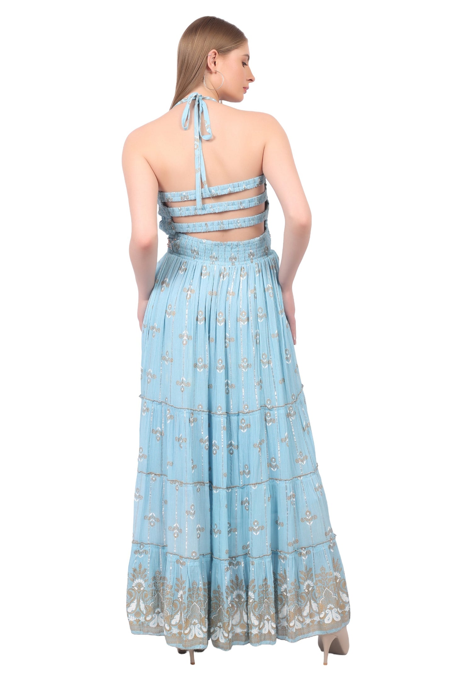 26422 Halter Neck Backless Printed Maxi Dress with Strap Detail
