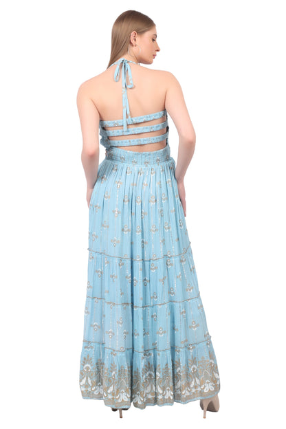 26422 Halter Neck Backless Printed Maxi Dress with Strap Detail