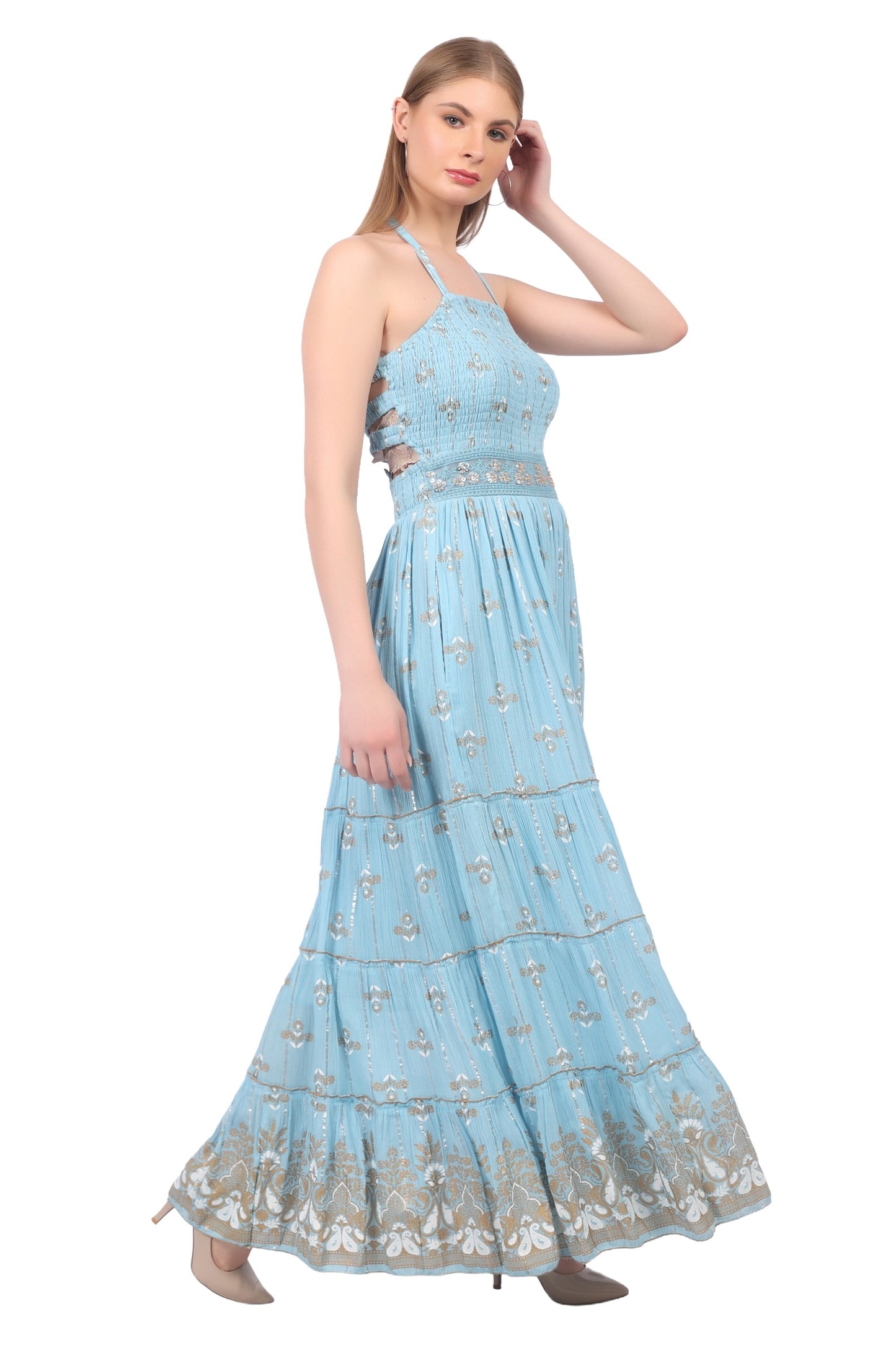 26422 Halter Neck Backless Printed Maxi Dress with Strap Detail