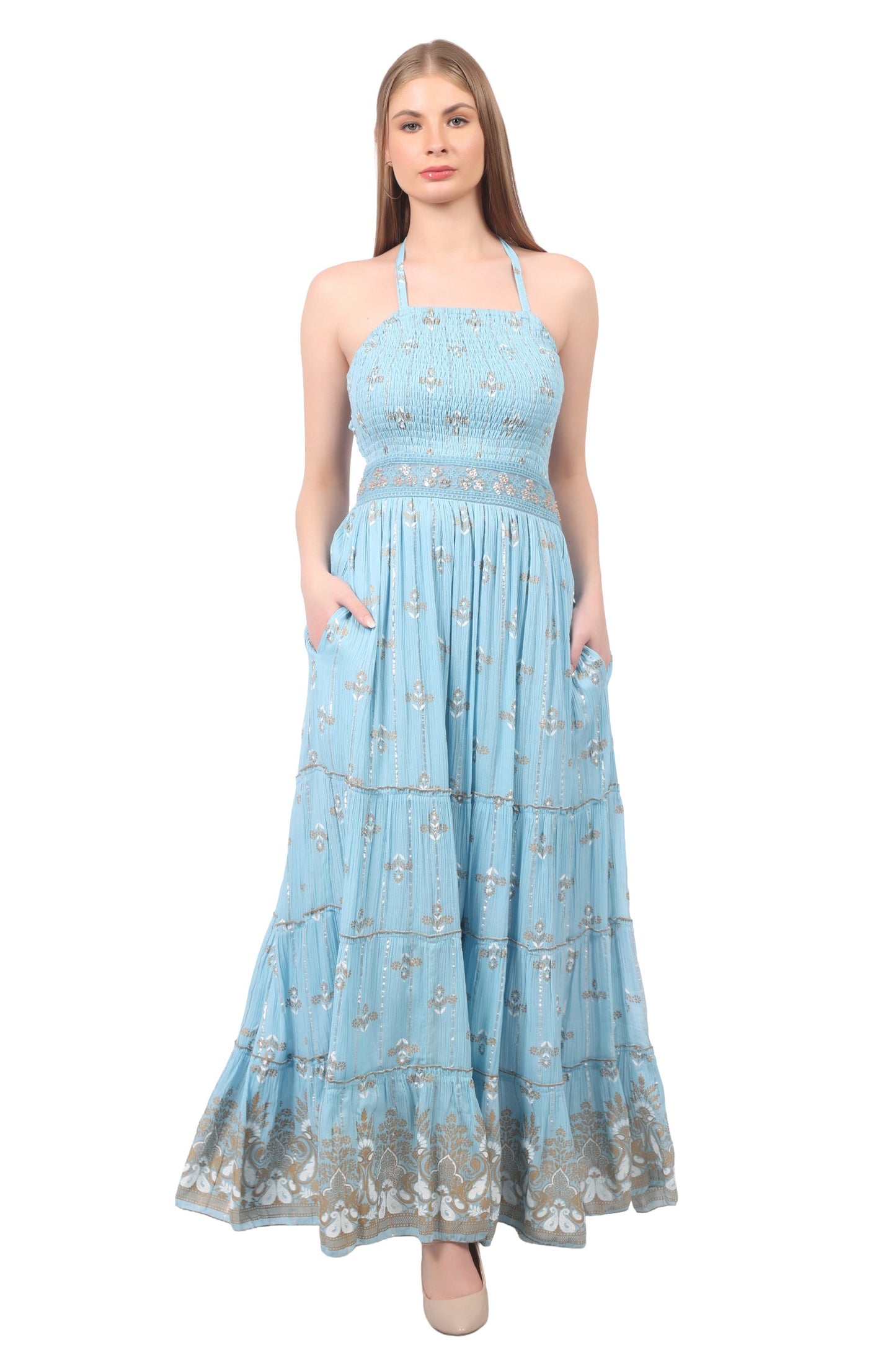 26422 Halter Neck Backless Printed Maxi Dress with Strap Detail