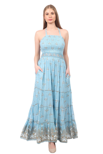 26422 Halter Neck Backless Printed Maxi Dress with Strap Detail