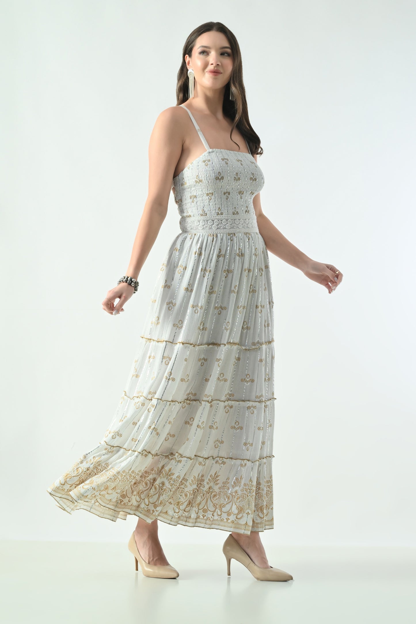26422 Halter Neck Backless Printed Maxi Dress with Strap Detail