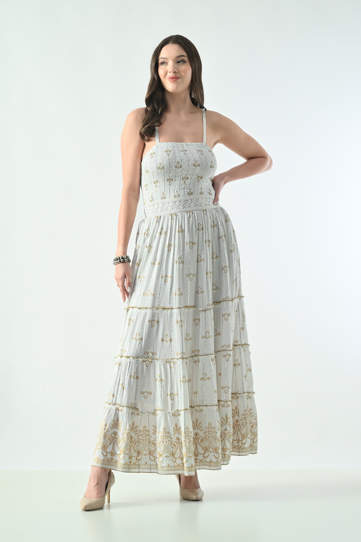 26422 Halter Neck Backless Printed Maxi Dress with Strap Detail