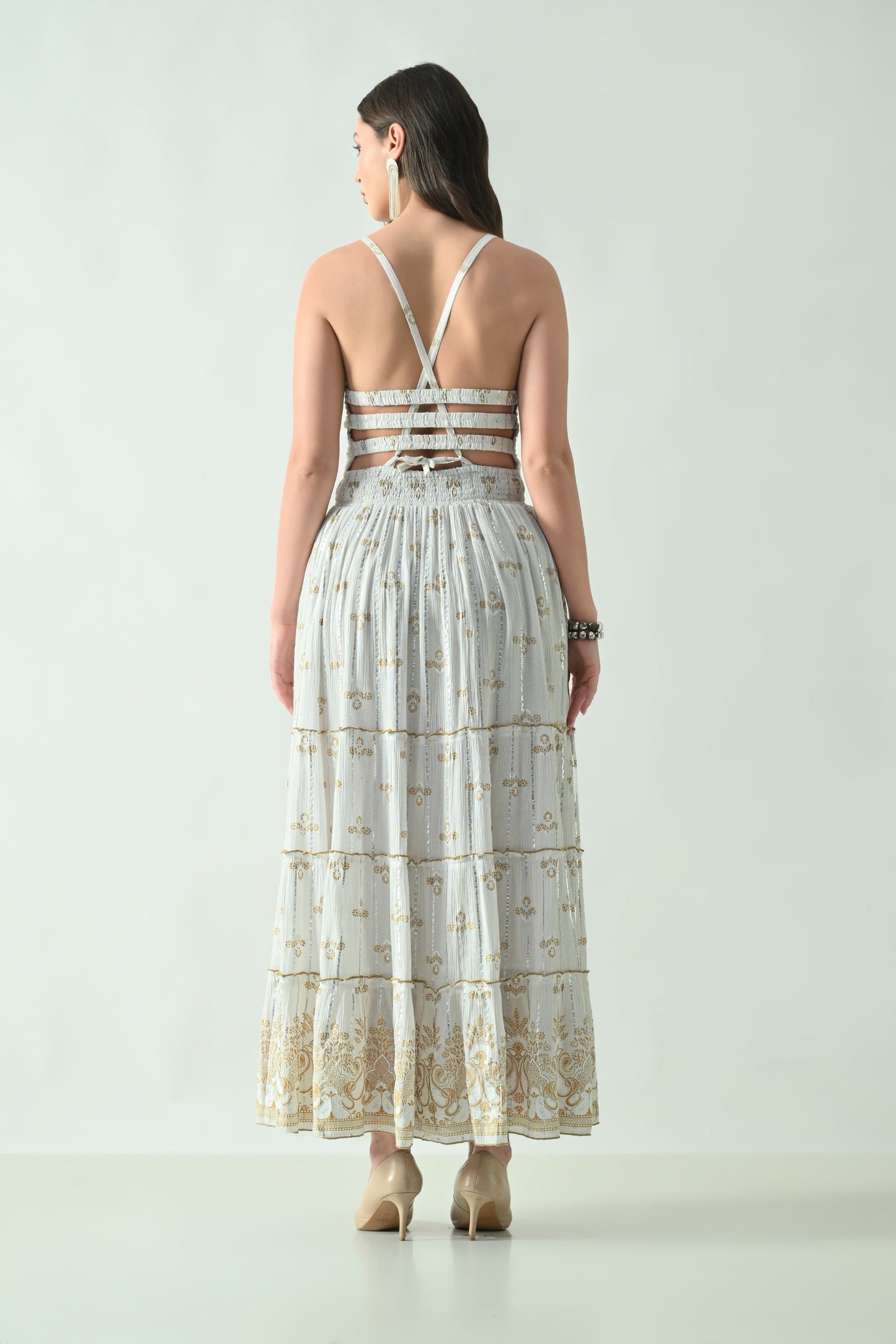 26422 Halter Neck Backless Printed Maxi Dress with Strap Detail