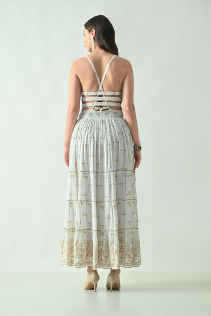 26422 Halter Neck Backless Printed Maxi Dress with Strap Detail