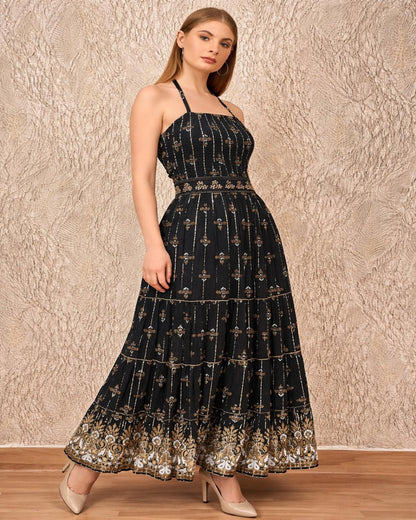26422 Halter Neck Backless Printed Maxi Dress with Strap Detail