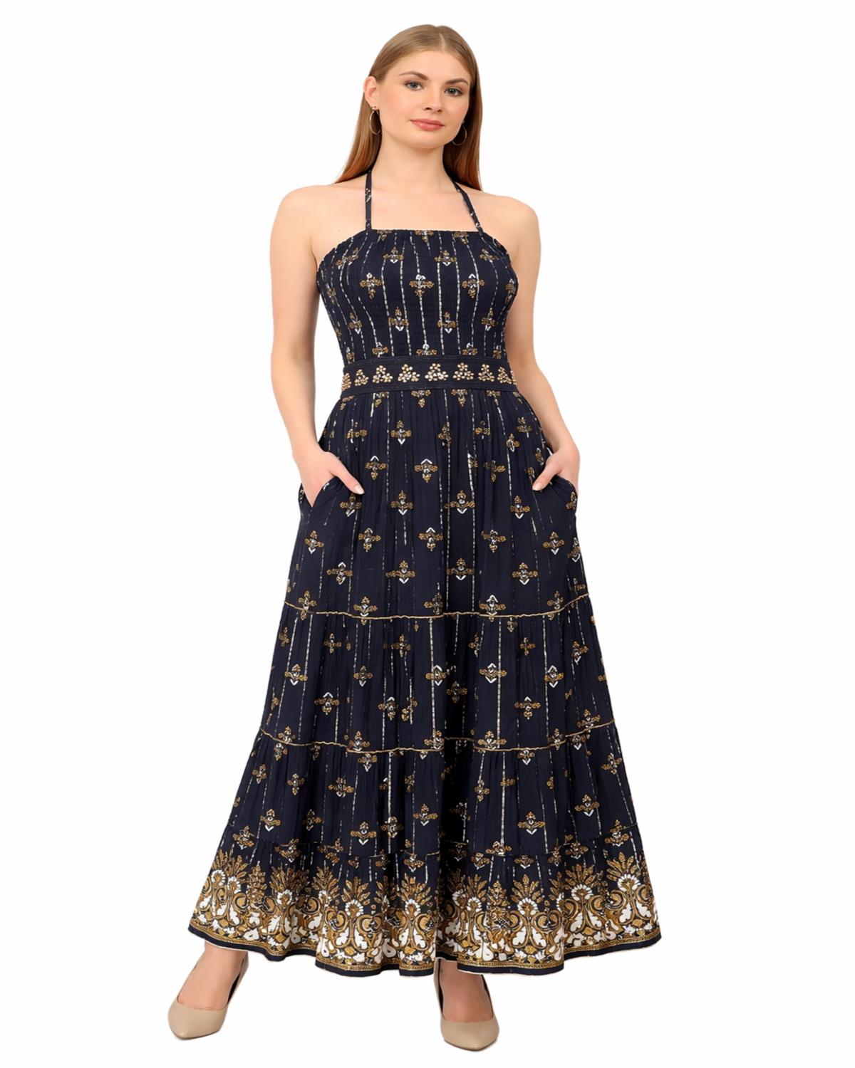 26422 Halter Neck Backless Printed Maxi Dress with Strap Detail