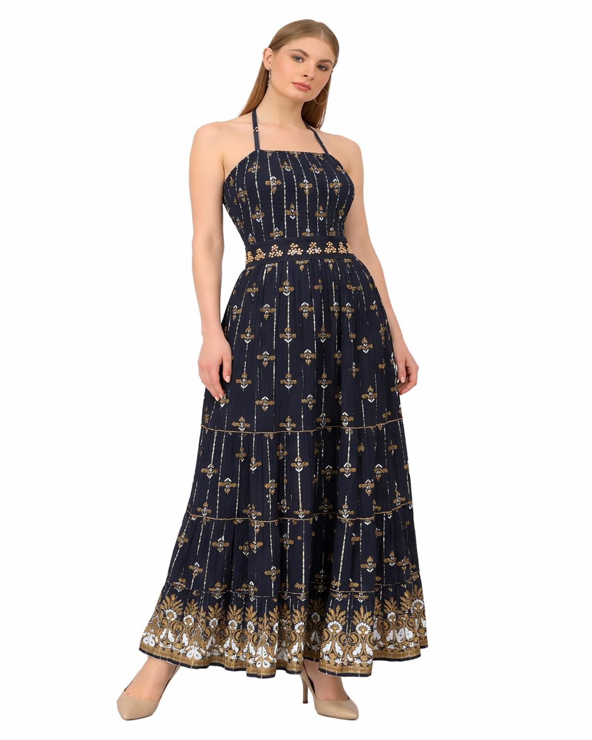 26422 Halter Neck Backless Printed Maxi Dress with Strap Detail