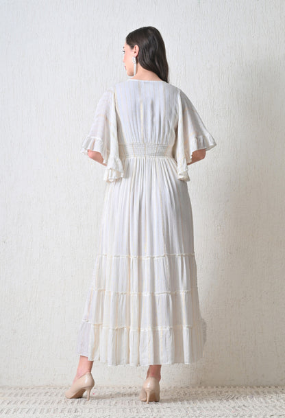 26424 Boho Embroidered Maxi Dress –  Geometric Border | Flowy Tiered Dress
