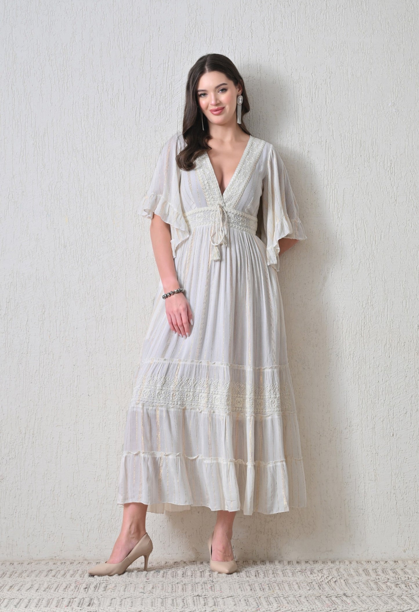 26424 Boho Embroidered Maxi Dress –  Geometric Border | Flowy Tiered Dress