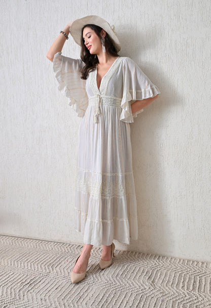 26424 Boho Embroidered Maxi Dress –  Geometric Border | Flowy Tiered Dress
