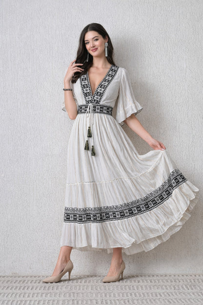 26424 Boho Embroidered Maxi Dress –  Geometric Border | Flowy Tiered Dress