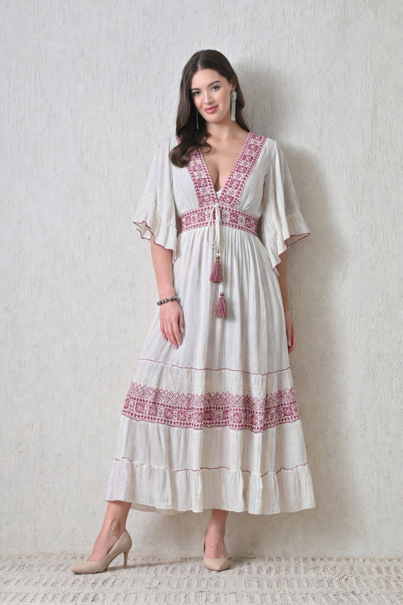 26424 Boho Embroidered Maxi Dress –  Geometric Border | Flowy Tiered Dress