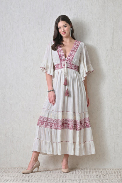 26424 Boho Embroidered Maxi Dress –  Geometric Border | Flowy Tiered Dress