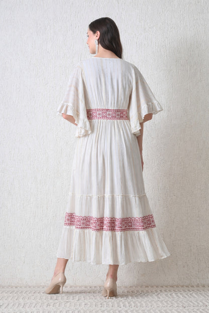 26424 Boho Embroidered Maxi Dress –  Geometric Border | Flowy Tiered Dress