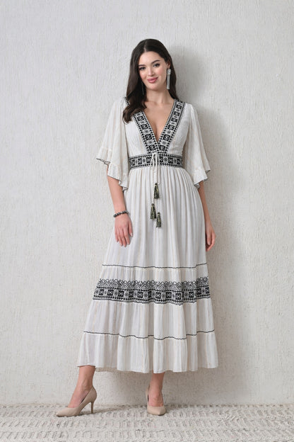 26424 Boho Embroidered Maxi Dress –  Geometric Border | Flowy Tiered Dress