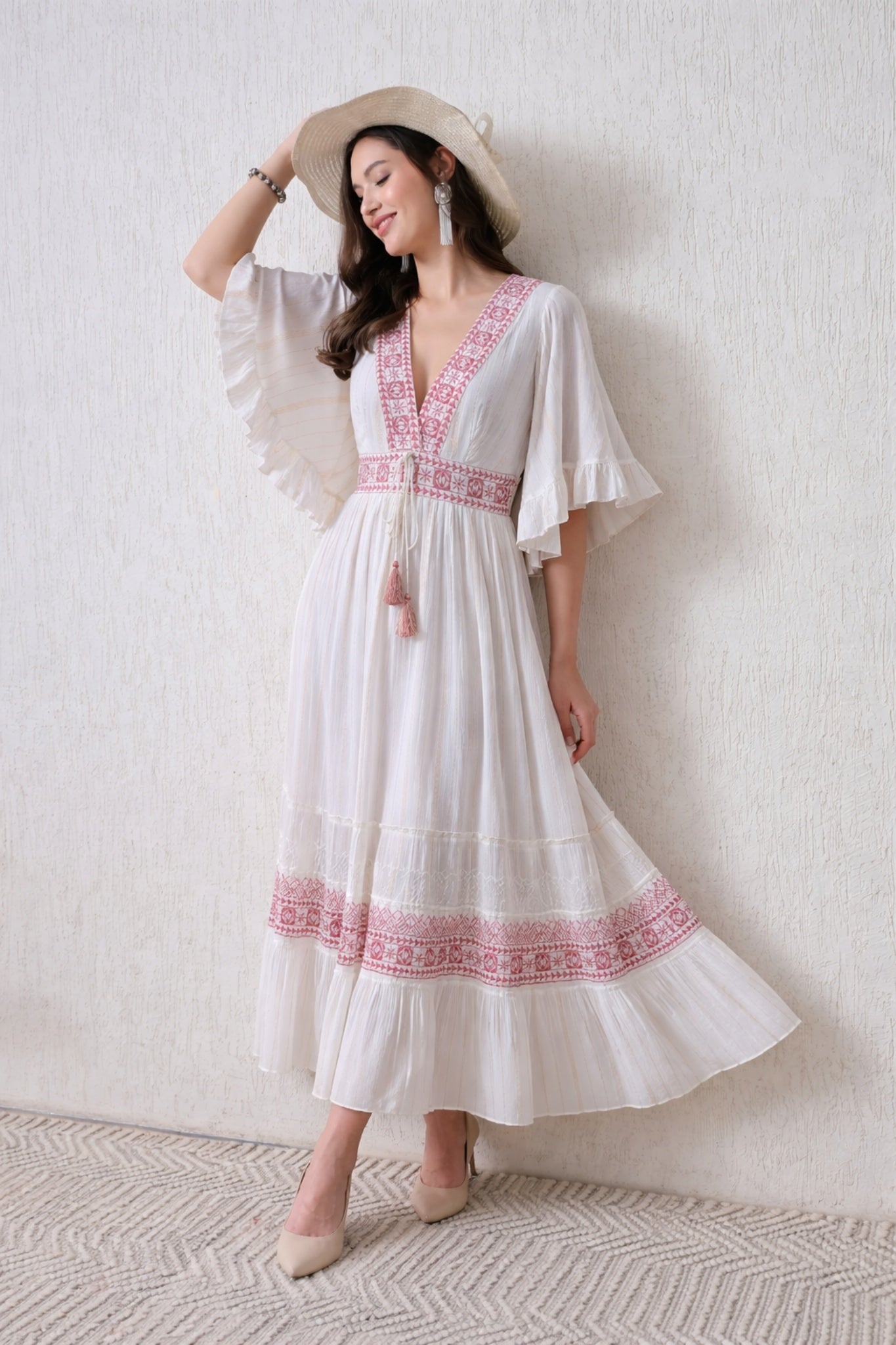 26424 Boho Embroidered Maxi Dress –  Geometric Border | Flowy Tiered Dress