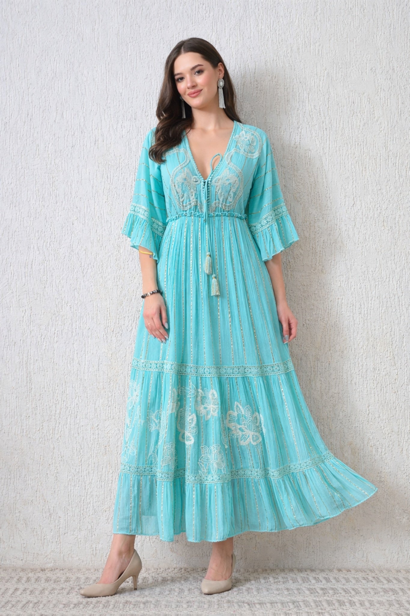 26425  Embroidered Boho Maxi Dress – Assorted Colors with Gold Stripe Detail