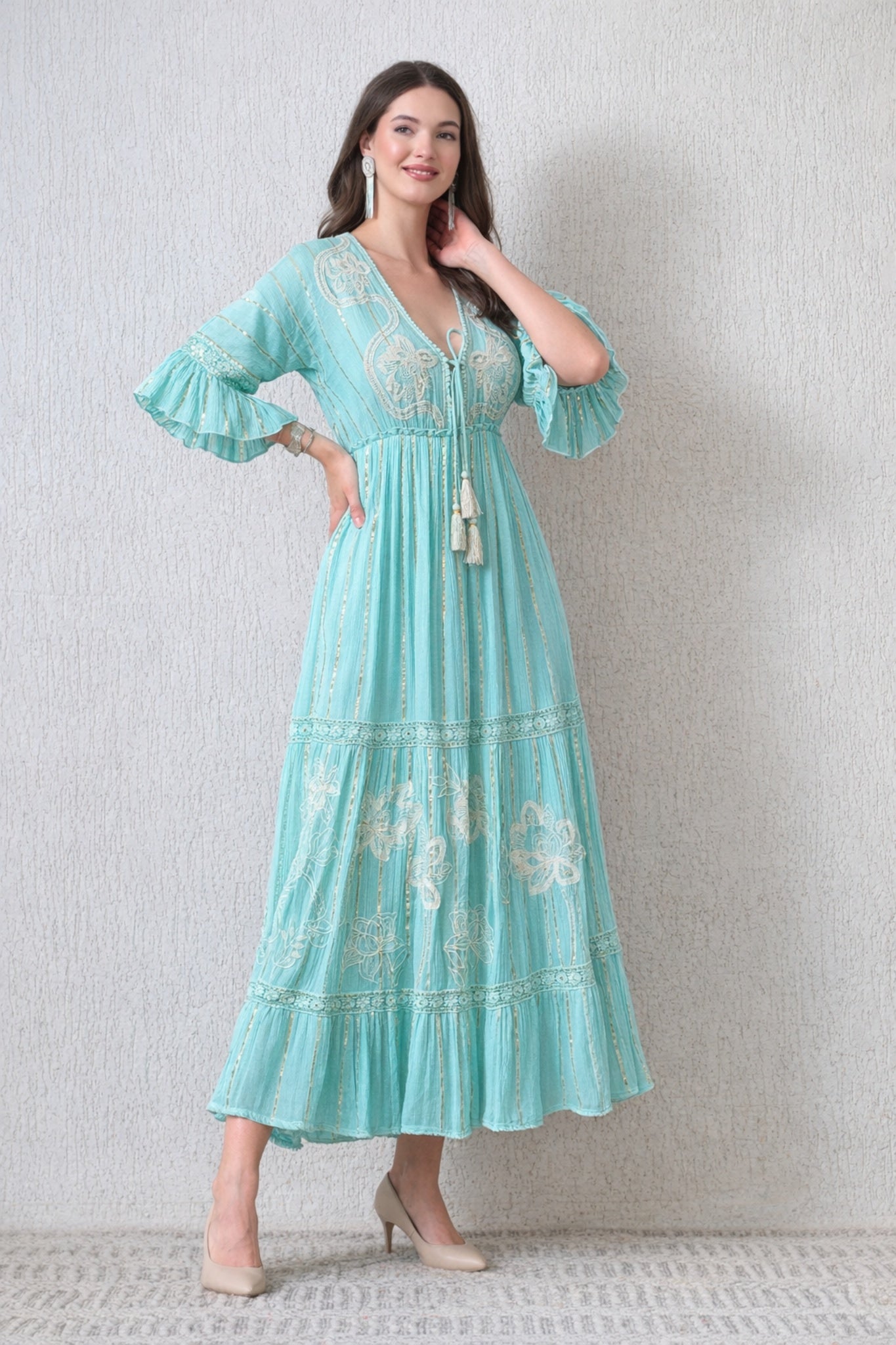26425  Embroidered Boho Maxi Dress – Assorted Colors with Gold Stripe Detail