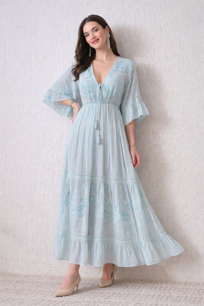 26425  Embroidered Boho Maxi Dress – Assorted Colors with Gold Stripe Detail