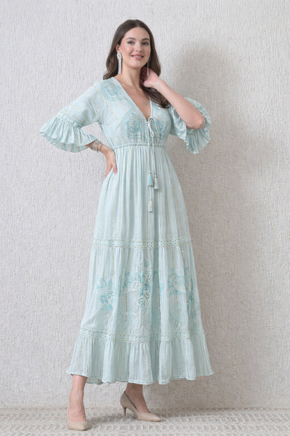 26425  Embroidered Boho Maxi Dress – Assorted Colors with Gold Stripe Detail