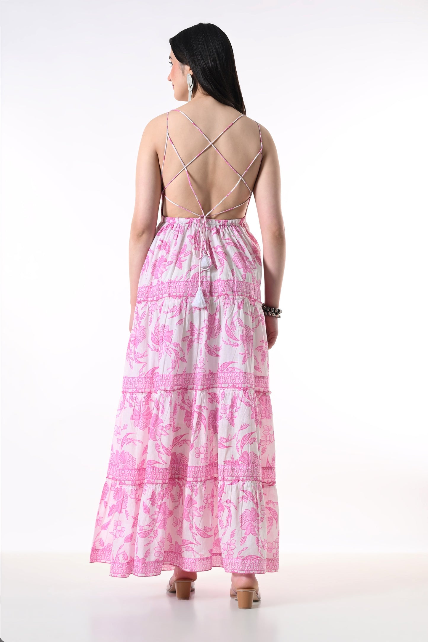 26426 Elegant Floral Tiered Maxi Dress with Strappy Back
