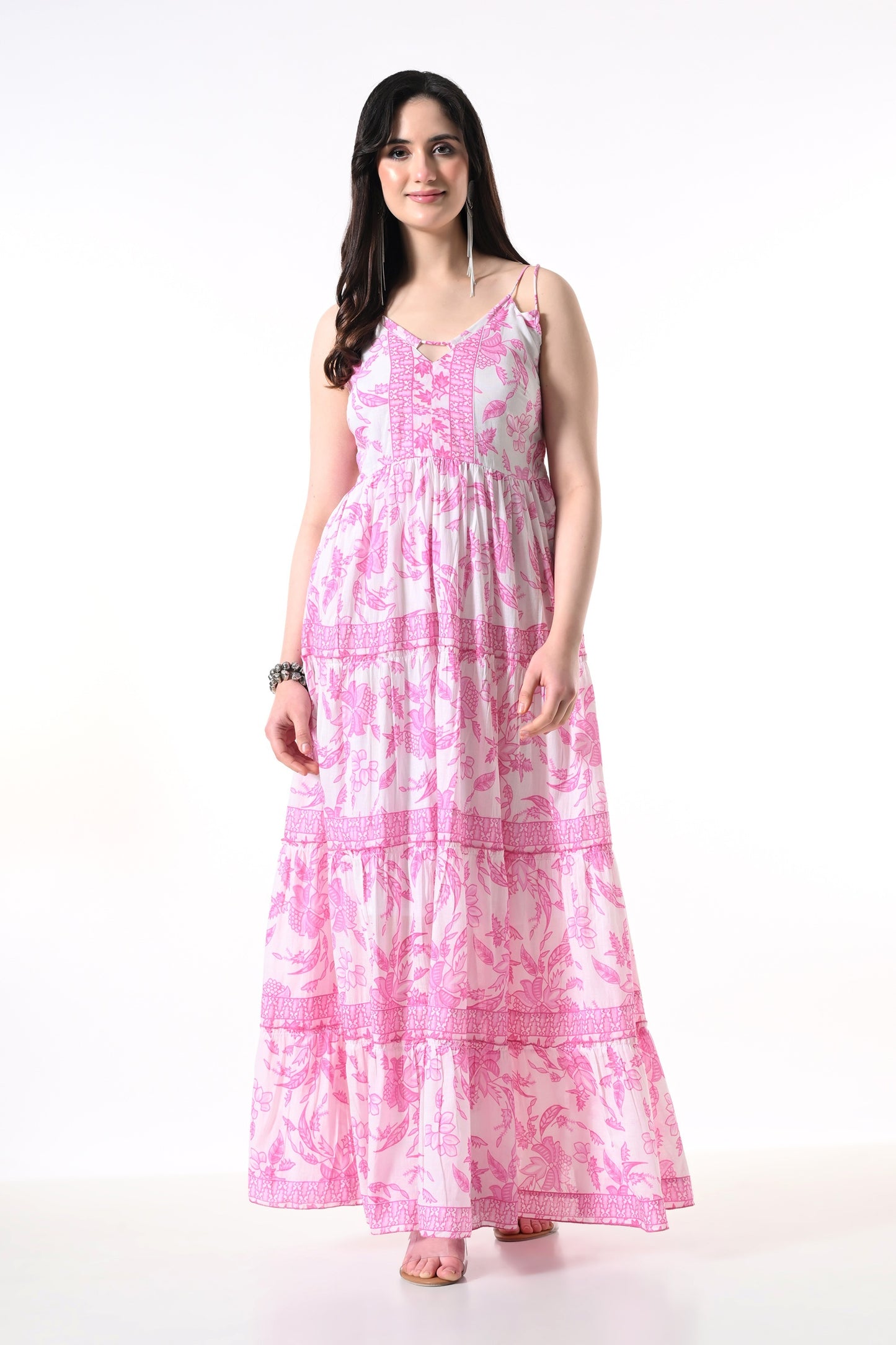 26426 Elegant Floral Tiered Maxi Dress with Strappy Back