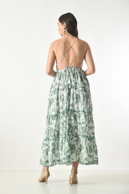 26426 Elegant Floral Tiered Maxi Dress with Strappy Back