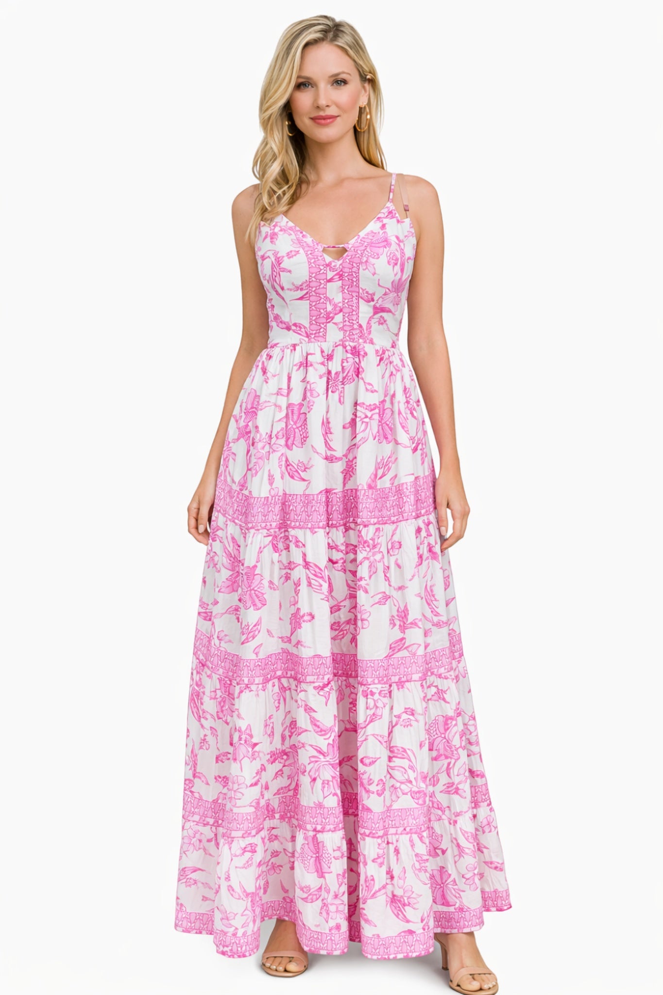 26426 Elegant Floral Tiered Maxi Dress with Strappy Back