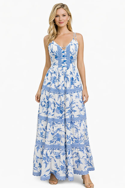 26426 Elegant Floral Tiered Maxi Dress with Strappy Back