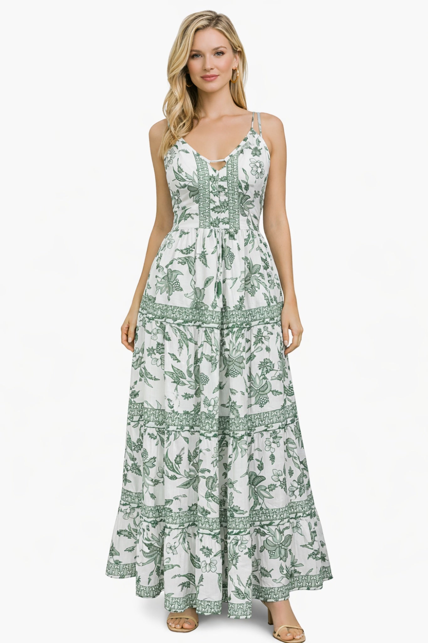 26426 Elegant Floral Tiered Maxi Dress with Strappy Back