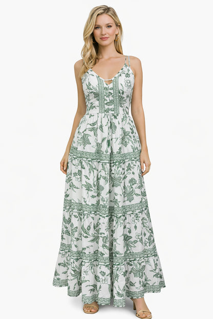 26426 Elegant Floral Tiered Maxi Dress with Strappy Back