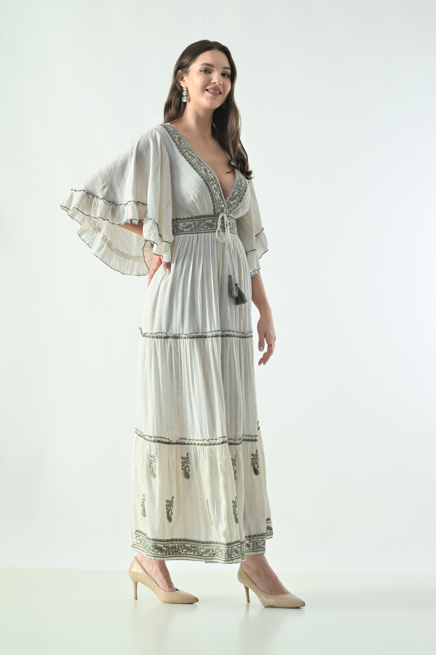 26434 Boho Embroidered Maxi Dress with Flutter Sleeves – V-Neck Tassel Tie Dress