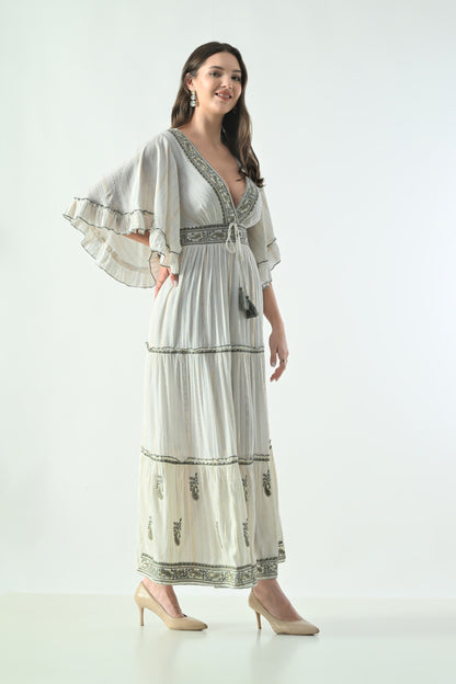 26434 Boho Embroidered Maxi Dress with Flutter Sleeves – V-Neck Tassel Tie Dress