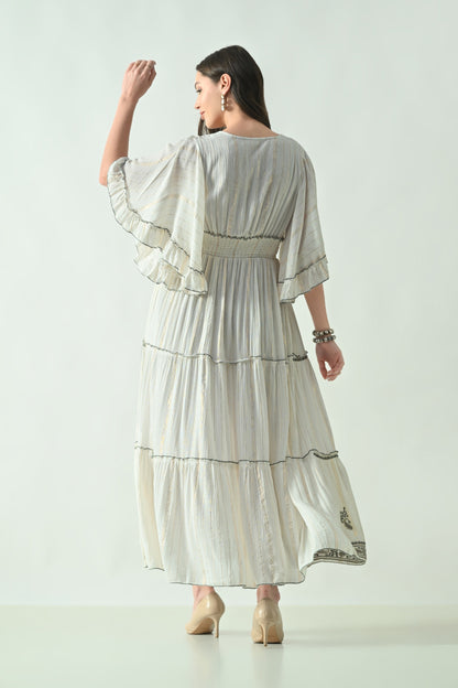 26434 Boho Embroidered Maxi Dress with Flutter Sleeves – V-Neck Tassel Tie Dress